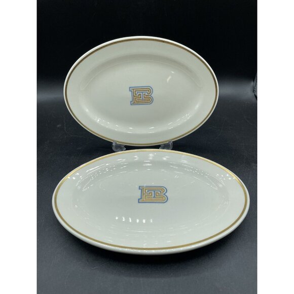 Mayer China Oval Plates Restaurant Ware Gold blue Set 2 The Bank Downtown 260 - Picture 1 of 11